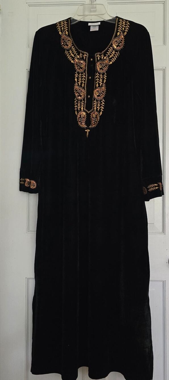 The Vermont County Store XL Black Velvet Maxi Dress Gold Metallic Embroidery